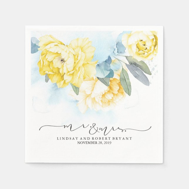 Serviette En Papier Jaune Floral Dusty bleu Mariage d'aquarelle (Devant)