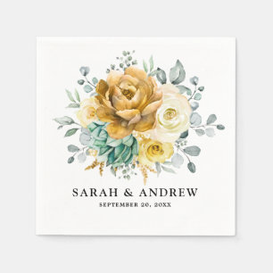 Serviette En Papier Jaune Moutarde Floral Sage Verdure Mariage Moderne