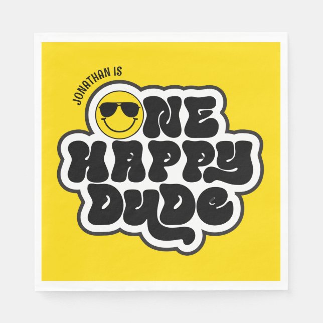 Serviette En Papier Jaune Noir Rétro Un Mec Heureux 1er Anniversaire (Devant)