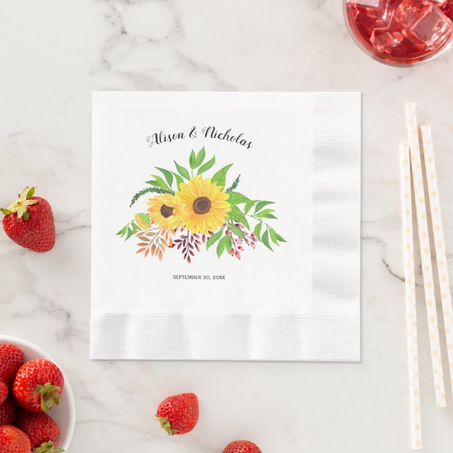 Serviette En Papier Jaune tournesols couleur mariage fleuri rustique (En situation)