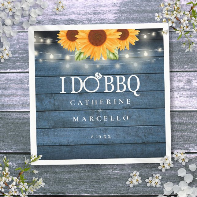 Serviette En Papier Je fais BBQ Rustique Bois Sunflowers (I Do BBQ Rustic Wood Sunflowers Engagement Party Napkins)