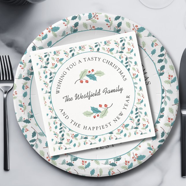 Serviette En Papier Je vous souhaite une savoureuse fête de Noël (Wishing You a Tasty Christmas Holly and Red Berries Paper Napkin)