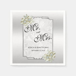 Serviette En Papier Jeu floral classique, Mariage encadré d'argent
