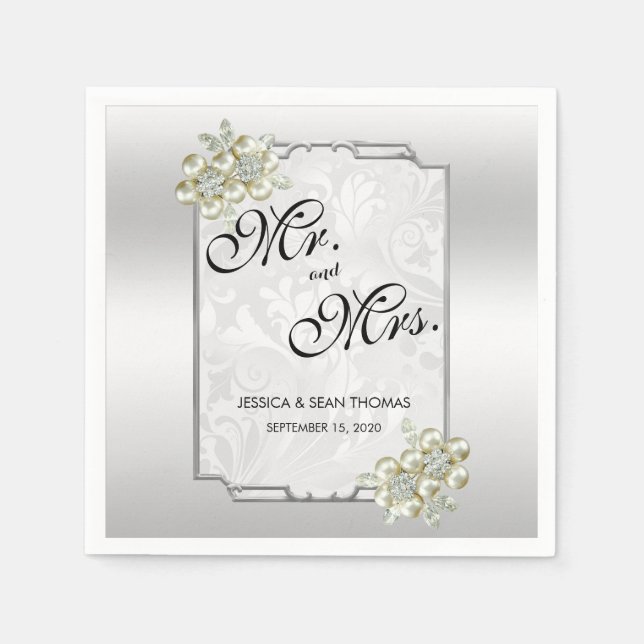 Serviette En Papier Jeu floral classique, Mariage encadré d'argent (Devant)