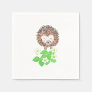 Serviette En Papier Jeune Hérisson et Fleurs de fraises sauvages
