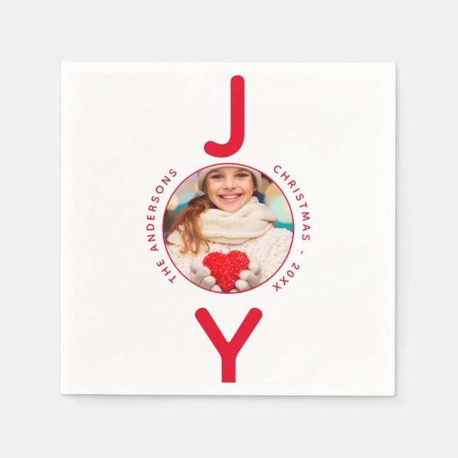 Serviette En Papier Joie Noël photo blanc rouge simple moderne (Devant)