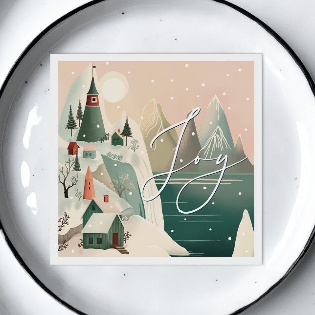 Serviette En Papier Joie. Paysage de village de montagne d'hiver (Créateur téléchargé)