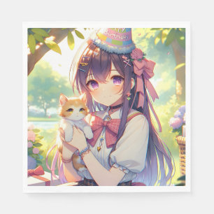 Serviette En Papier Joli Anime Holding Kitten Girl'Anniversaire