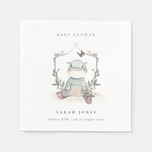 Serviette En Papier Joli Baby shower Jaune bébé Hippo Foliage (Devant)