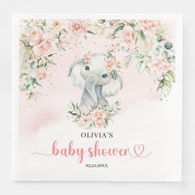 Serviette En Papier Joli bébé éléphant rougir fleurs or fille (Devant)