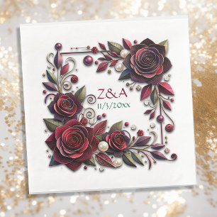 Serviette En Papier Joli Bourgogne Rose Floral Monogramme