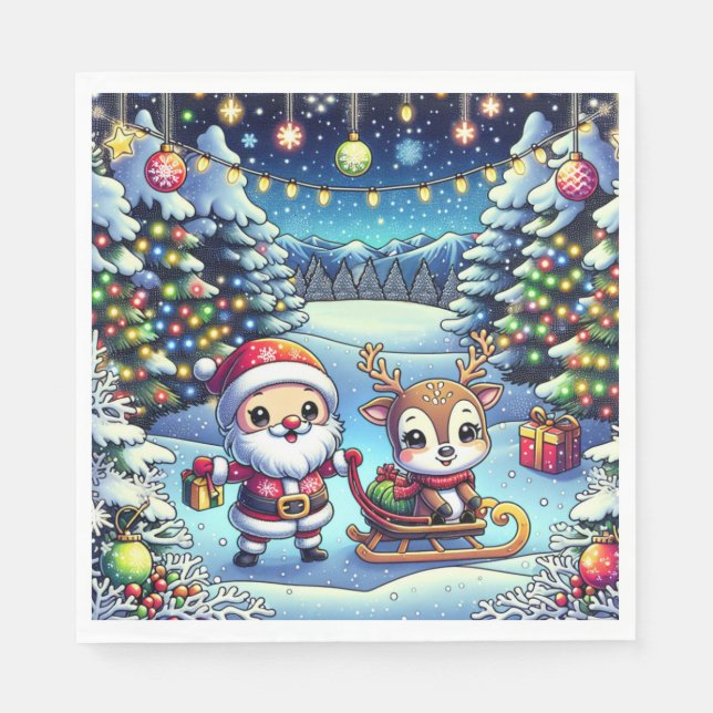 Serviette En Papier Joli Cartoon Père Noël et Reindeer Noël (Devant)