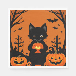 Serviette En Papier Joli Chat Noir avec des Citrouilles d'Halloween