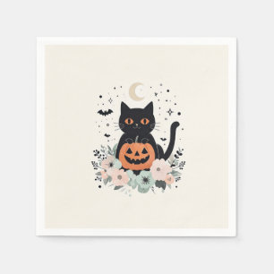 Serviette En Papier Joli chat noir d'Halloween, lune et citrouille
