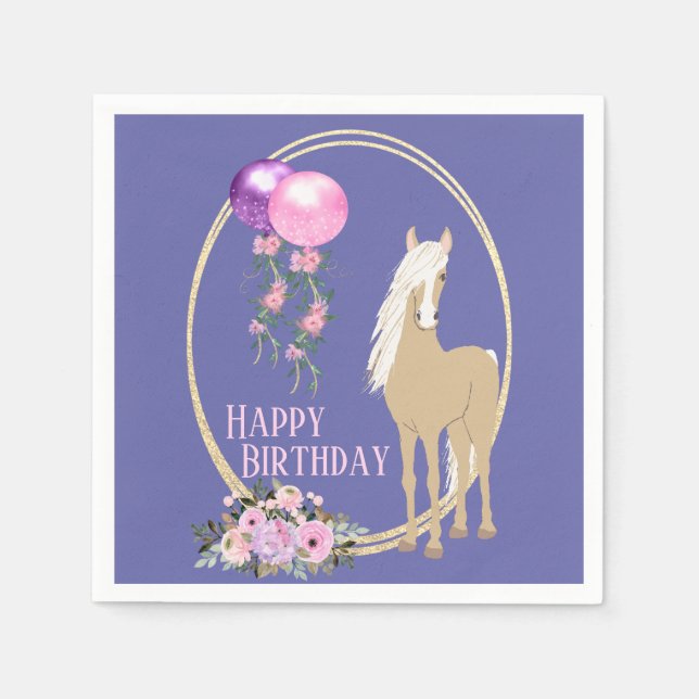 Serviette En Papier Joli Cheval et Fleurs Pink Périwinkle Anniversaire (Devant)