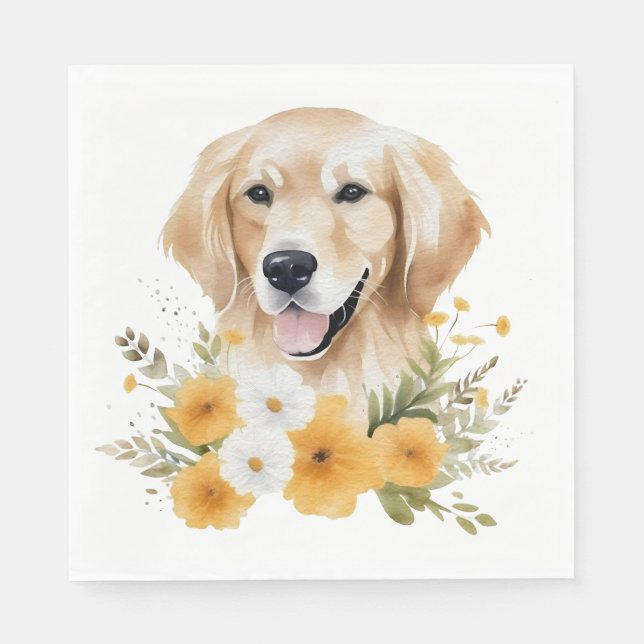 Serviette En Papier Joli chiot Retriever doré aquarelle florale de chi (Devant)