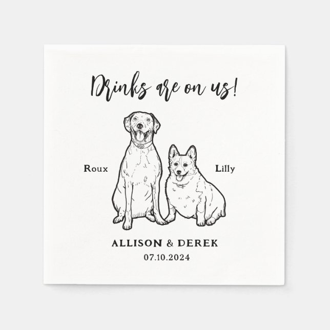 Serviette En Papier Joli dessin animal personnalisé 2 chiens Mariage (Devant)