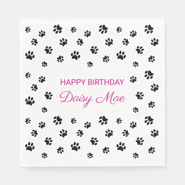 Serviette En Papier Joli Empreintes de pattes noirs rose Pet fête d'an (Devant)