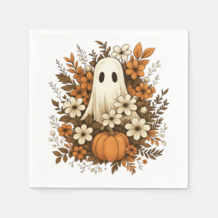 Serviette En Papier Joli Fantôme avec Citrouille et Fleurs d'Automne –