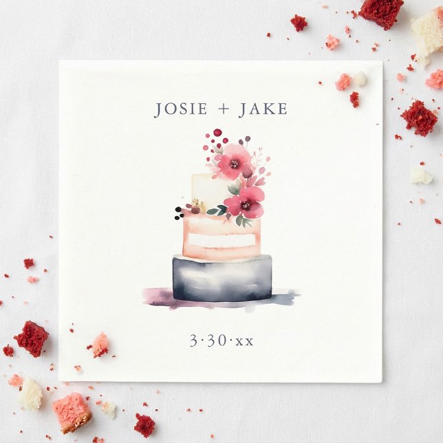 Serviette En Papier Joli gâteau mariage aquarelle simple (Pretty watercolor wedding cake simple napkins.)