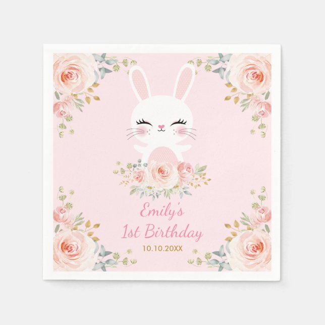 Serviette En Papier Joli Lapin Blush Rabbit Floral Anniversaire (Devant)