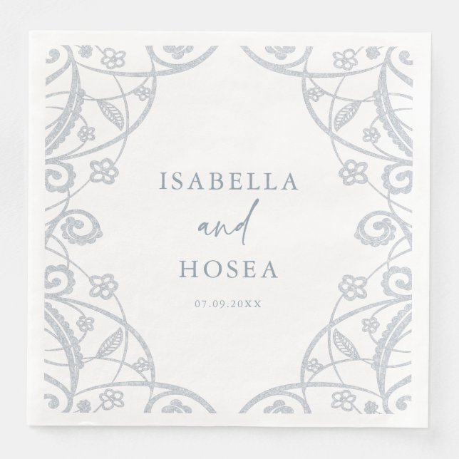 Serviette En Papier Joli Mariage de dentelle fleurie bleu foncé (Devant)