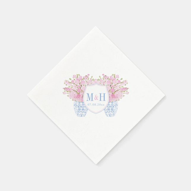 Serviette En Papier Joli Mariage de Monogramme bleu rose (Coin)