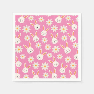 Serviette En Papier Joli Motif lapin de Pâques avec Fleurs sur Rose