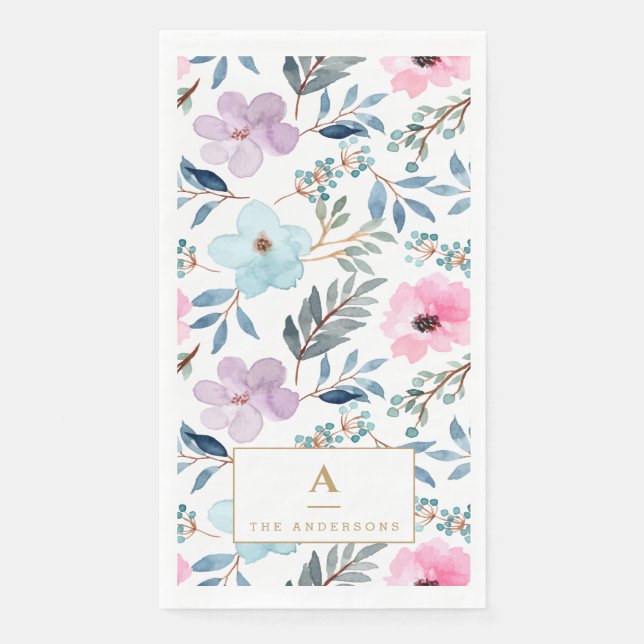 Serviette En Papier Joli Pastel Blue Aquarelle Fleurs Monogramme (Devant)