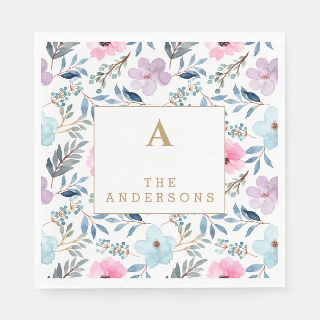 Serviette En Papier Joli Pastel Blue Aquarelle Fleurs Monogramme (Devant)