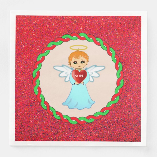 Serviette En Papier Joli petit ange de Noël sur beige & rouge (Devant)