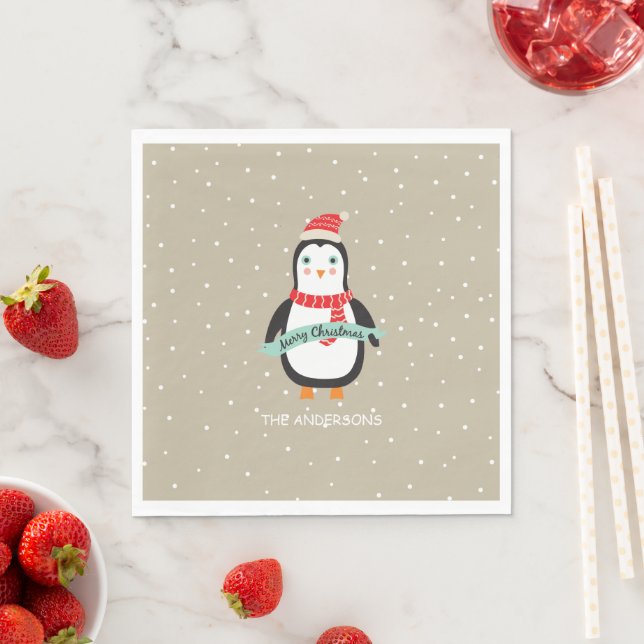 Serviette En Papier Joli petit Penquin de Noël "Joyeux Noël" (En situation)
