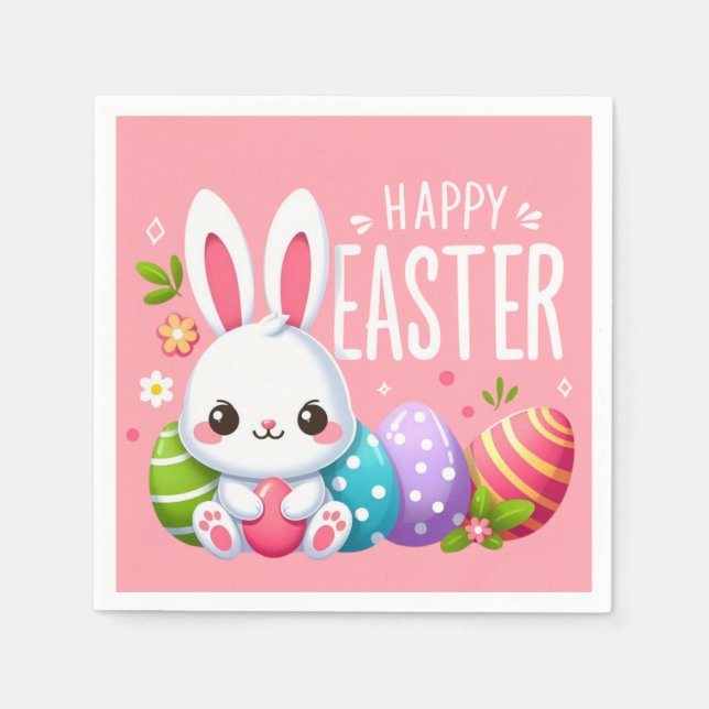 Serviette En Papier Joli, rose et heureux lapin de Pâques (Devant)