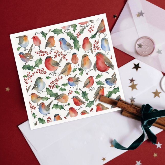 Serviette En Papier Joli Rouge Vert Noël Robin Oiseau Aquarelle (Créateur téléchargé)