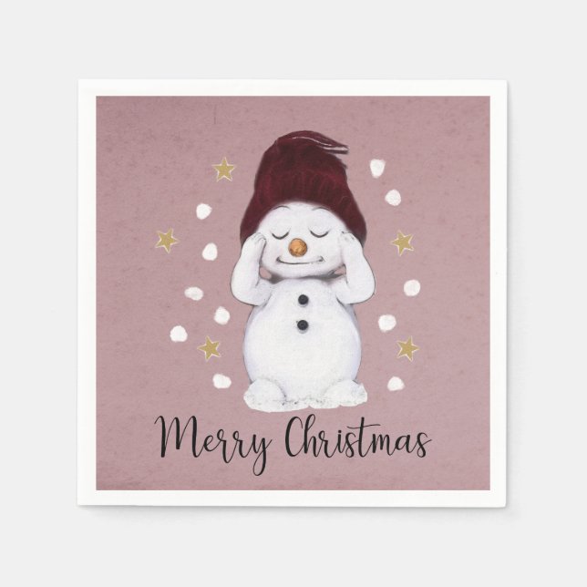 Serviette En Papier Joli Snowman Paisible Noël Rose (Devant)