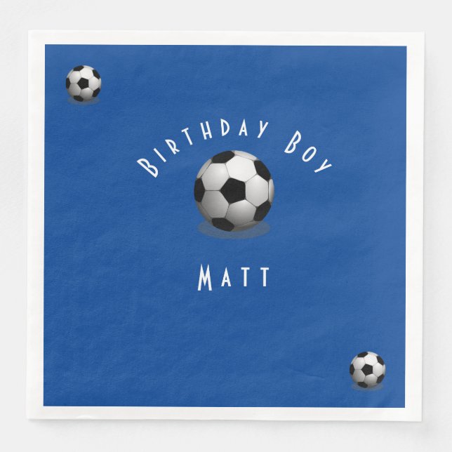 Serviette En Papier Joli Soccer Anniversaire Garçon Bleu et Blanc (Devant)