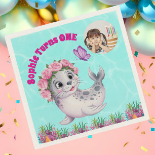 Serviette En Papier Joli Whimsical Floral Sea Lion Photo Anniversaire
