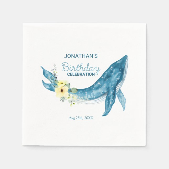 Serviette En Papier Jolie Baleine Bleue Jaune Fleur fête d'anniversair (Devant)