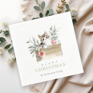 Serviette En Papier Jolie boîte à Noël Meowy aquarelle moderne Chat
