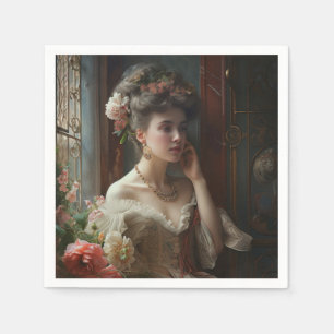 Serviette En Papier Jolie Dame En Robe Fleurs De Soie.