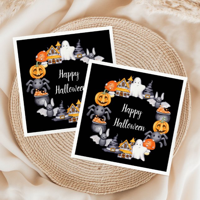 Serviette En Papier Jolie fête d'Halloween noir (Cute Black Happy Halloween Illustration Party Napkins)