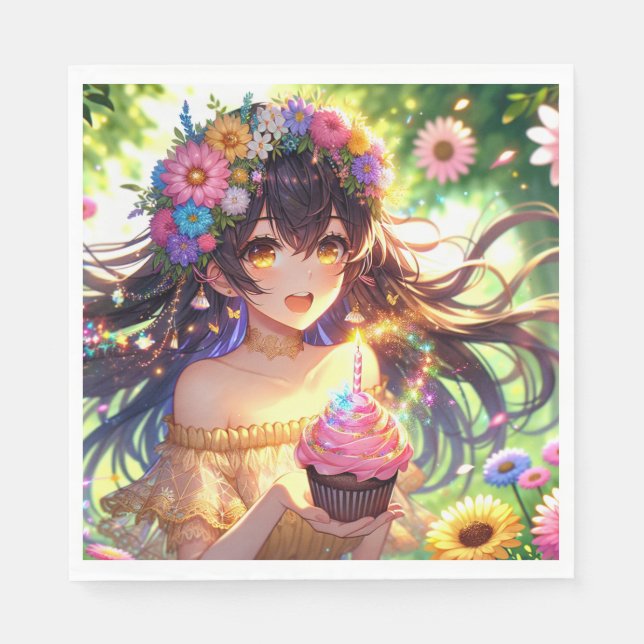 Serviette En Papier Jolie fille Anime avec Cupcake Anniversaire (Devant)