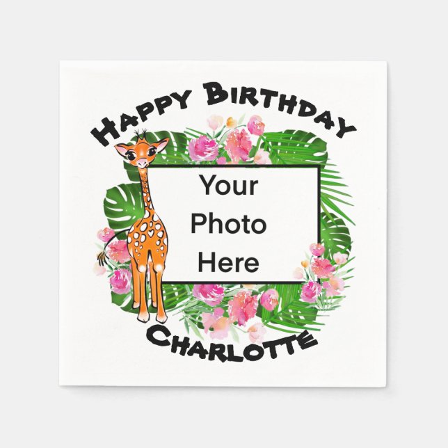 Serviette En Papier Jolie girafe Safari d'anniversaire | forêt tropica (Devant)