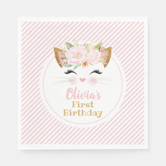 Serviette En Papier JOLIE KITTY Rose & Gold Girl Anniversaire (Devant)
