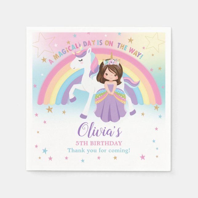 Serviette En Papier Jolie Princesse & Unicorne Anniversaire Party Arc  (Devant)