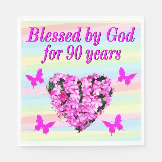 SERVIETTE EN PAPIER JOLIE ROSE FLORALE 90E ANNIVERSAIRE NAPKINS (Devant)