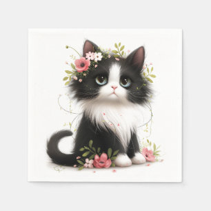 Serviette En Papier Jolie Tuxedo Kitten avec Fleurs