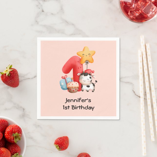 Serviette En Papier Jolie vache 1er anniversaire (En situation)