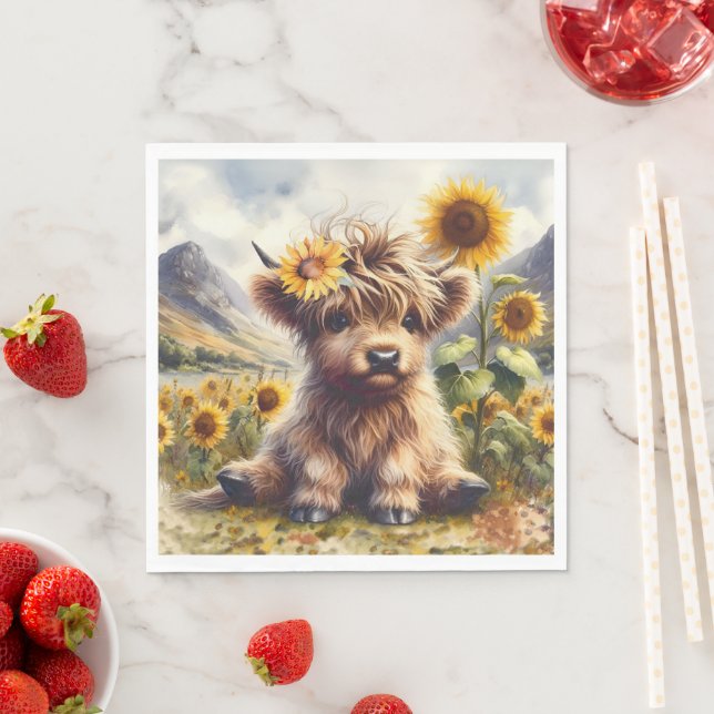 Serviette En Papier Jolie Vache Highland Aux Tournesols (En situation)