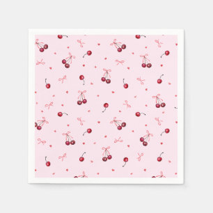 Serviette En Papier Jolies cerises rouges cœurs arcs sur rose